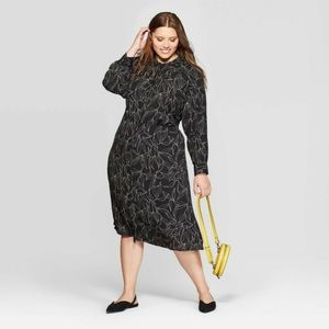 A New Day Leaf Print Long Sleeve Midi Shirtdress